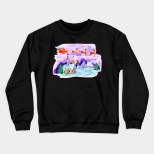 Santa flying sleigh over church Crewneck Sweatshirt